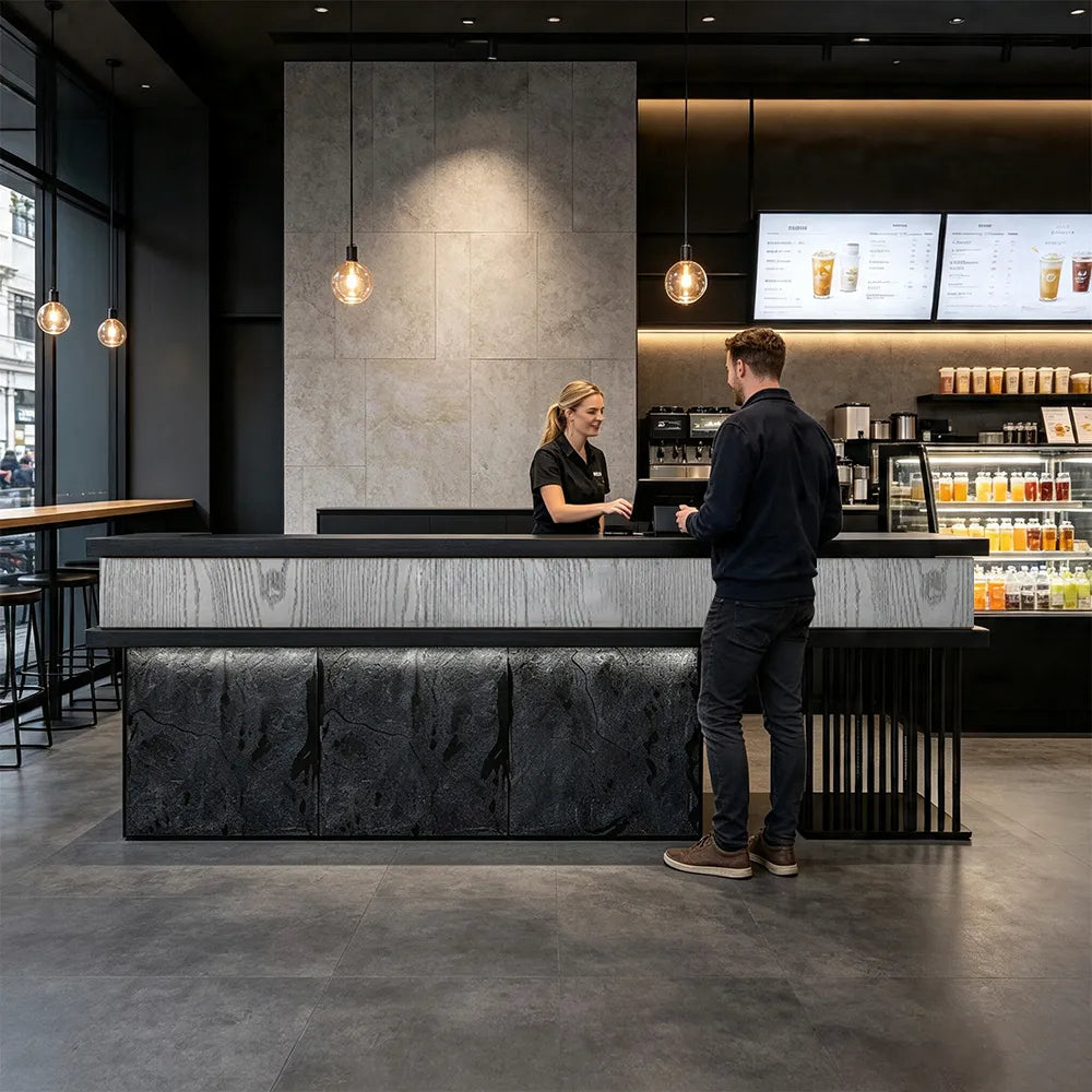 LUXORA Industrial Reception Desk with LED Logo and Stone Front for Bar Restaurant Retail Store - Grey Woodgrain, Black Woodgrain & Dark Grey