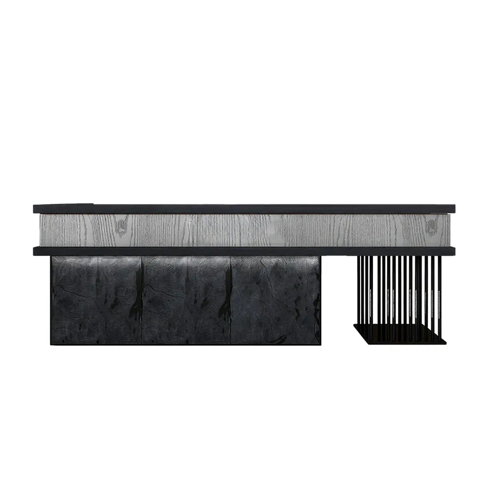 LUXORA Industrial Reception Desk with LED Logo and Stone Front for Bar Restaurant Retail Store - Grey Woodgrain, Black Woodgrain & Dark Grey