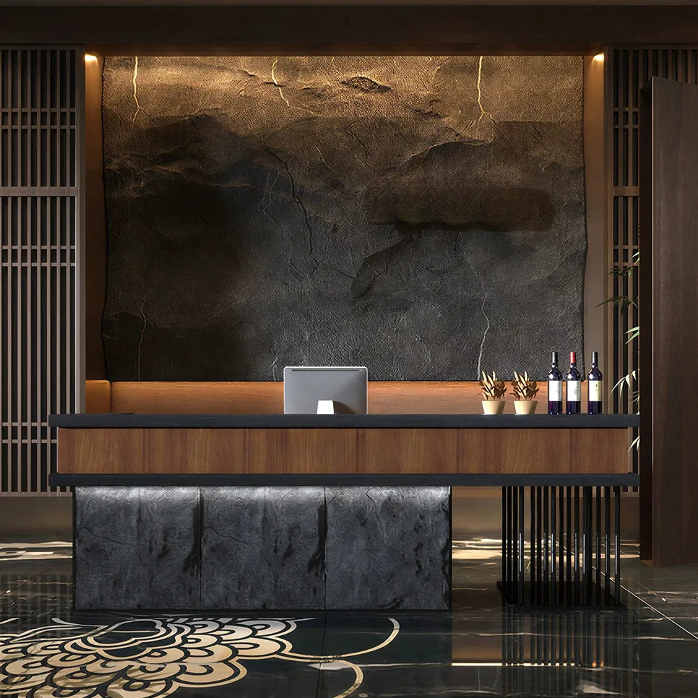 LUXORA Industrial Reception Desk with LED Logo and Stone Front for Bar Restaurant Retail Store - Dark Brown, Black Woodgrain & Dark Grey