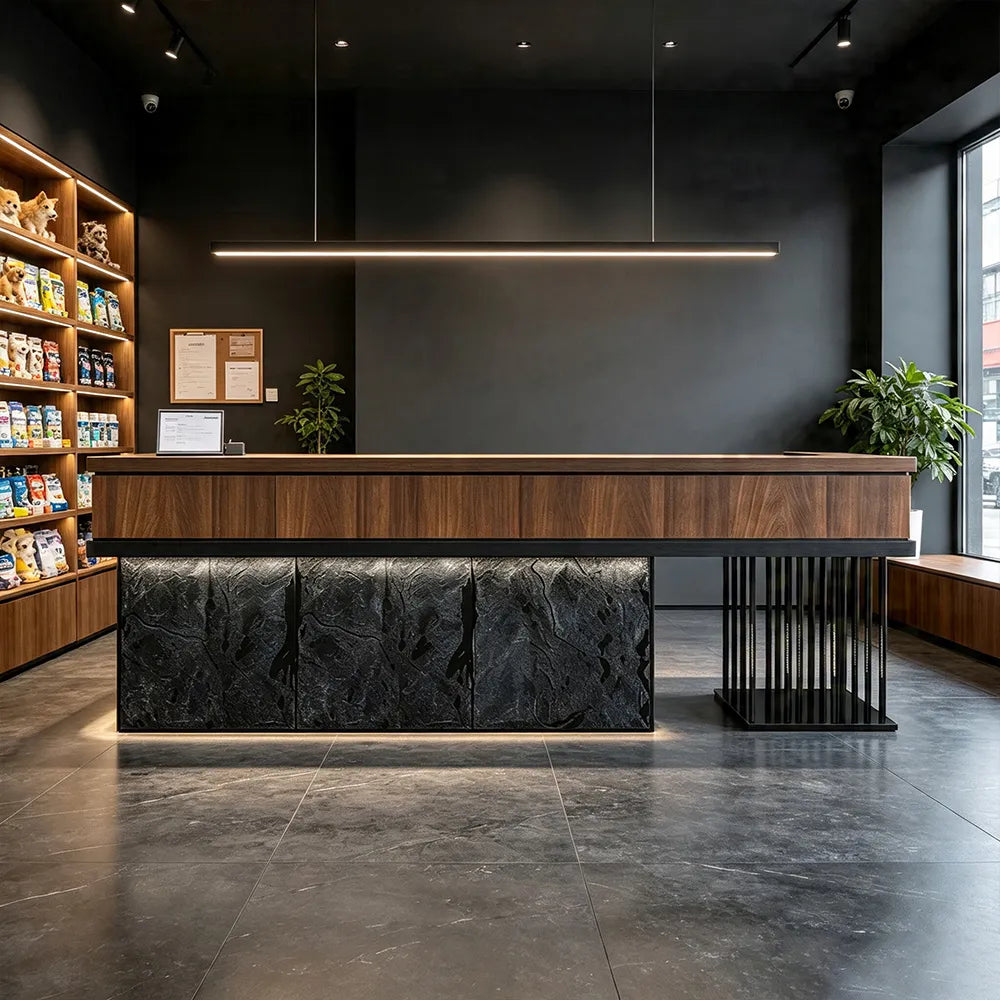 LUXORA Industrial Reception Desk with LED Logo and Stone Front for Bar Restaurant Retail Store - Dark Brown, Black Woodgrain & Dark Grey