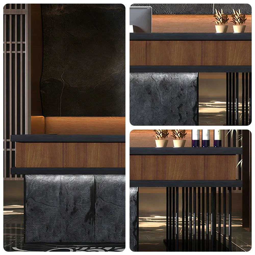 LUXORA Industrial Reception Desk with LED Logo and Stone Front for Bar Restaurant Retail Store - Dark Brown, Black Woodgrain & Dark Grey