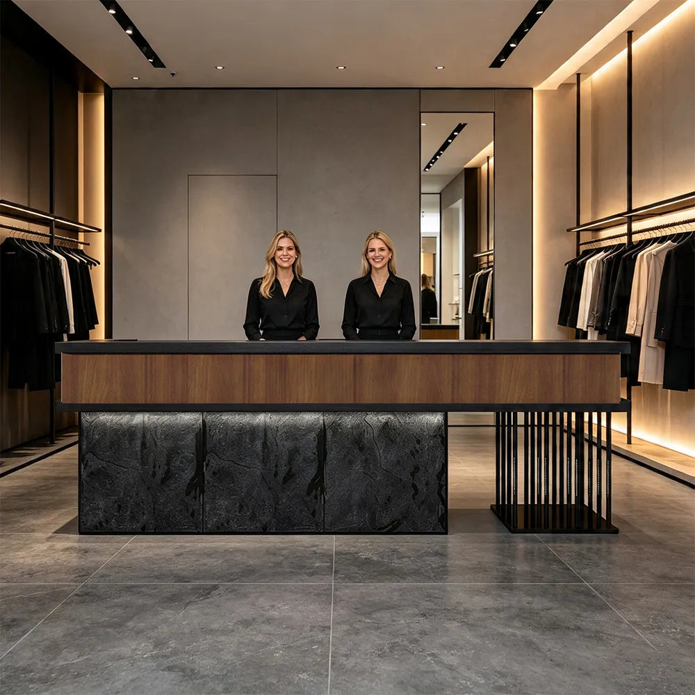LUXORA Industrial Reception Desk with LED Logo and Stone Front for Bar Restaurant Retail Store - Dark Brown, Black Woodgrain & Dark Grey