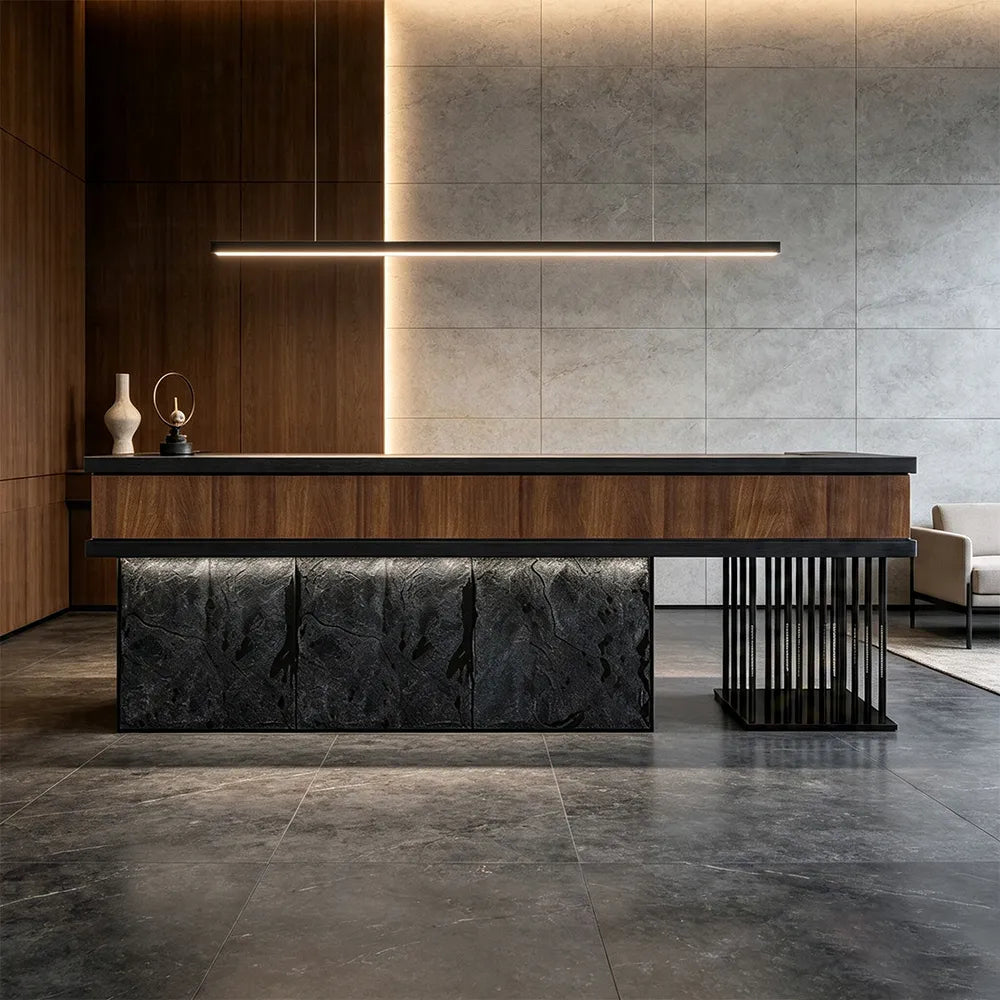 LUXORA Industrial Reception Desk with LED Logo and Stone Front for Bar Restaurant Retail Store - Dark Brown, Black Woodgrain & Dark Grey