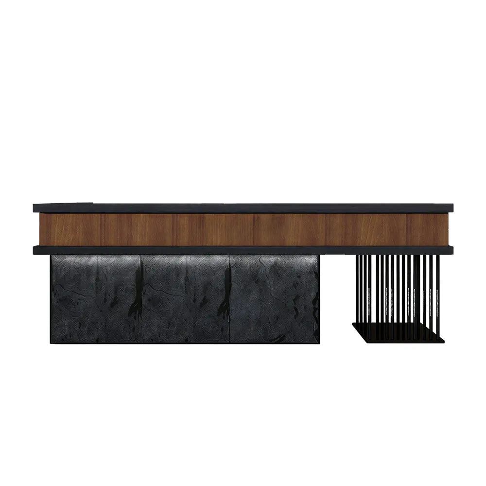 LUXORA Industrial Reception Desk with LED Logo and Stone Front for Bar Restaurant Retail Store - Dark Brown, Black Woodgrain & Dark Grey
