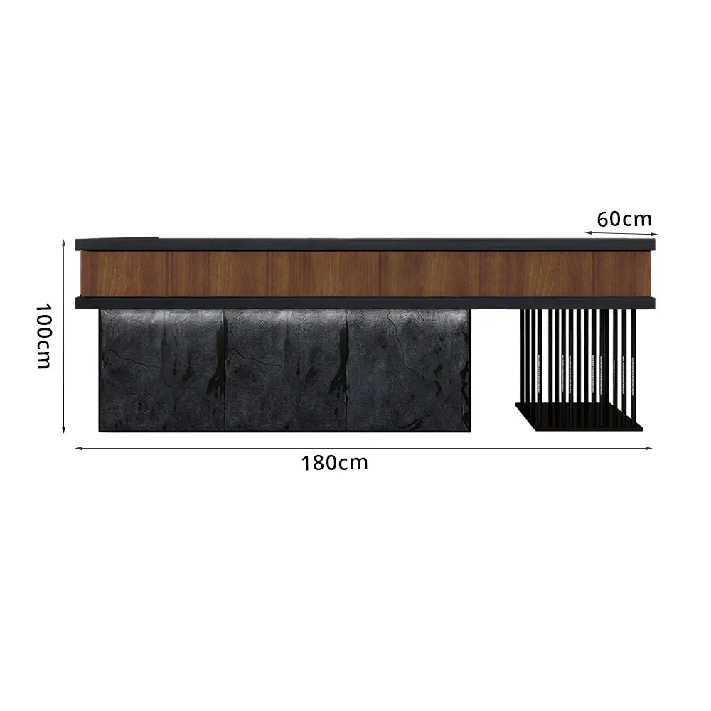 LUXORA Industrial Reception Desk with LED Logo and Stone Front for Bar Restaurant Retail Store - Dark Brown, Black Woodgrain & Dark Grey