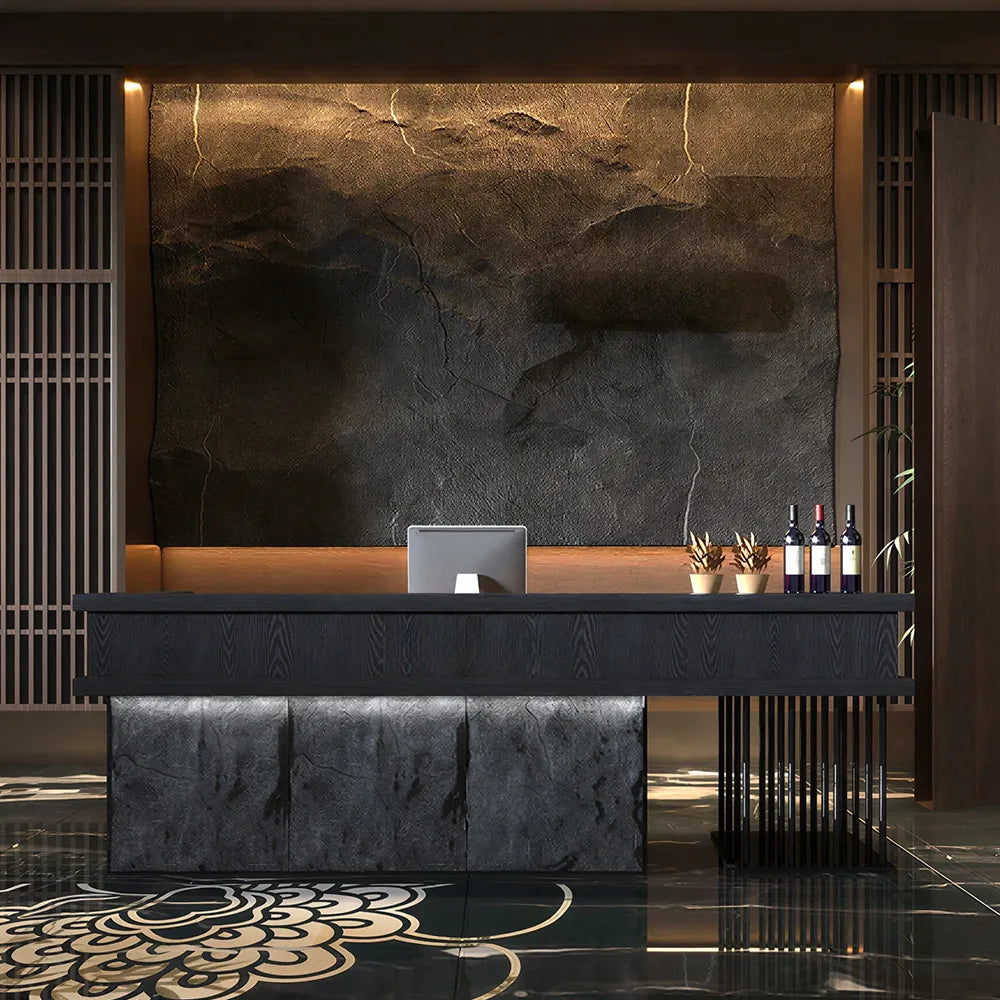LUXORA Industrial Reception Desk with LED Logo and Stone Front for Bar Restaurant Retail Store - Black Woodgrain & Dark Grey Mushroom Stone