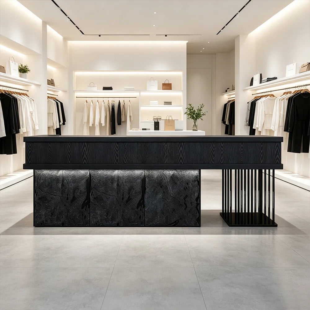 LUXORA Industrial Reception Desk with LED Logo and Stone Front for Bar Restaurant Retail Store - Black Woodgrain & Dark Grey Mushroom Stone