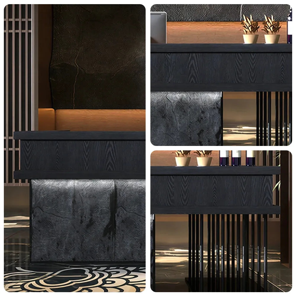 LUXORA Industrial Reception Desk with LED Logo and Stone Front for Bar Restaurant Retail Store - Black Woodgrain & Dark Grey Mushroom Stone