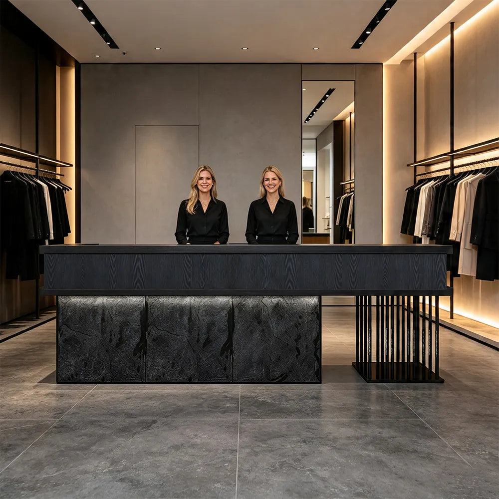 LUXORA Industrial Reception Desk with LED Logo and Stone Front for Bar Restaurant Retail Store - Black Woodgrain & Dark Grey Mushroom Stone