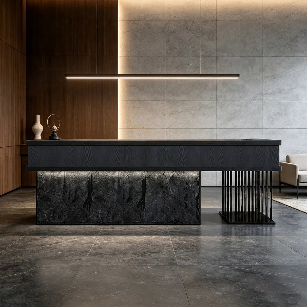 LUXORA Industrial Reception Desk with LED Logo and Stone Front for Bar Restaurant Retail Store - Black Woodgrain & Dark Grey Mushroom Stone