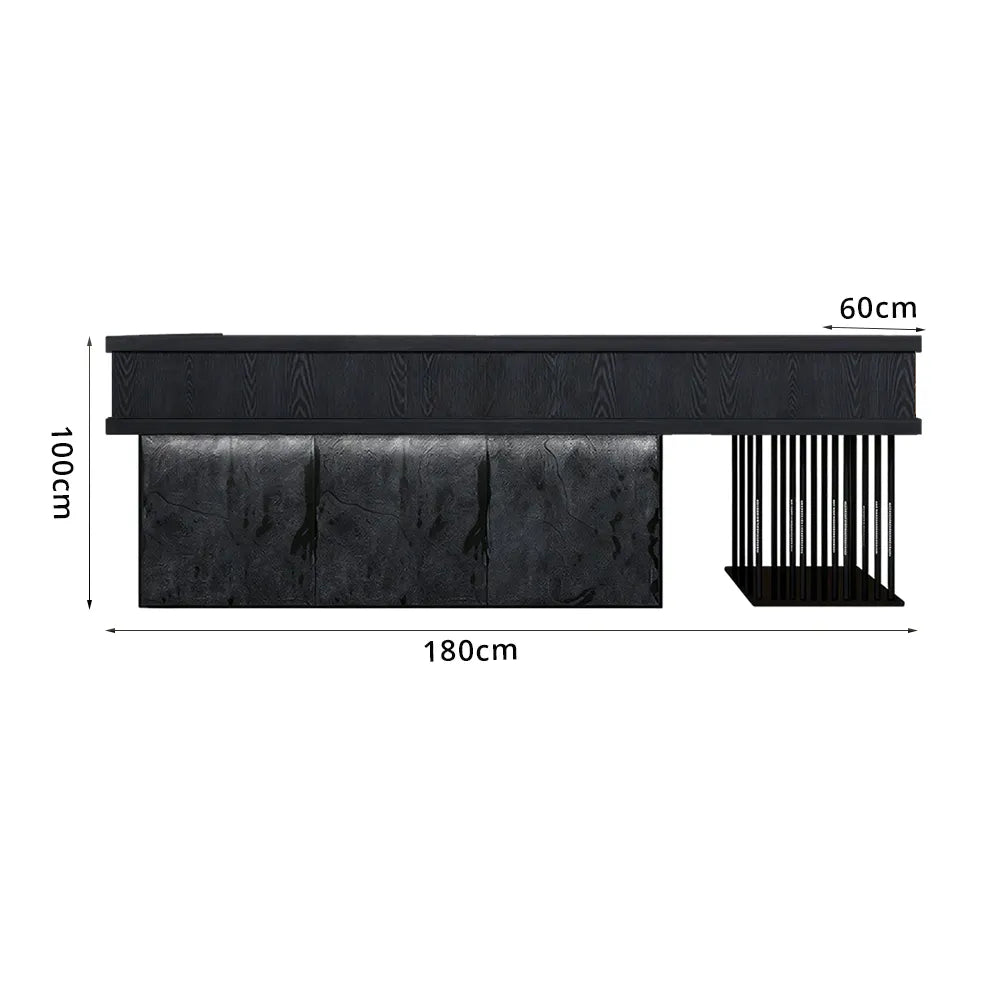 LUXORA Industrial Reception Desk with LED Logo and Stone Front for Bar Restaurant Retail Store - Black Woodgrain & Dark Grey Mushroom Stone