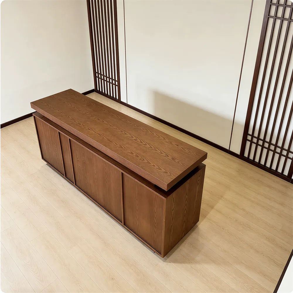 LUXORA Walnut Woodgrain Checkout Counter with Panelled Front for Clothing Store Retail Shop Reception - Walnut