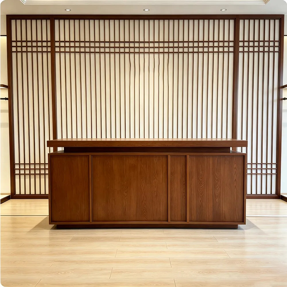 LUXORA Walnut Woodgrain Checkout Counter with Panelled Front for Clothing Store Retail Shop Reception - Walnut