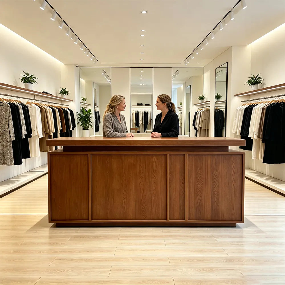 LUXORA Walnut Woodgrain Checkout Counter with Panelled Front for Clothing Store Retail Shop Reception - Walnut