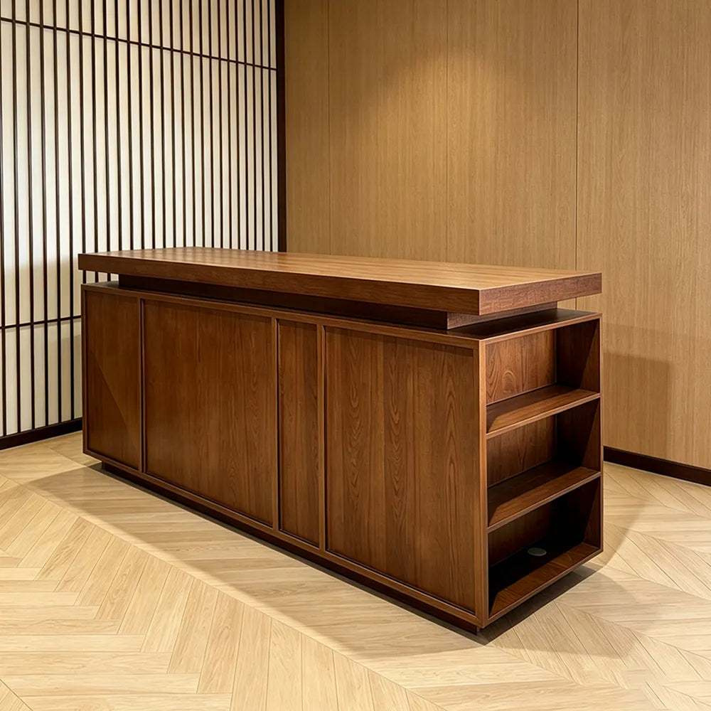 LUXORA Walnut Woodgrain Checkout Counter with Panelled Front for Clothing Store Retail Shop Reception - Walnut