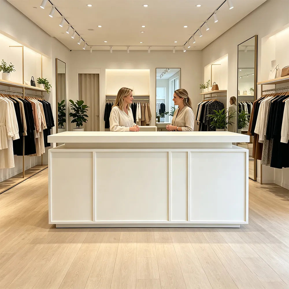 LUXORA Woodgrain Checkout Counter with Raised Worktop for Clothing Store Boutique Reception - Cream White