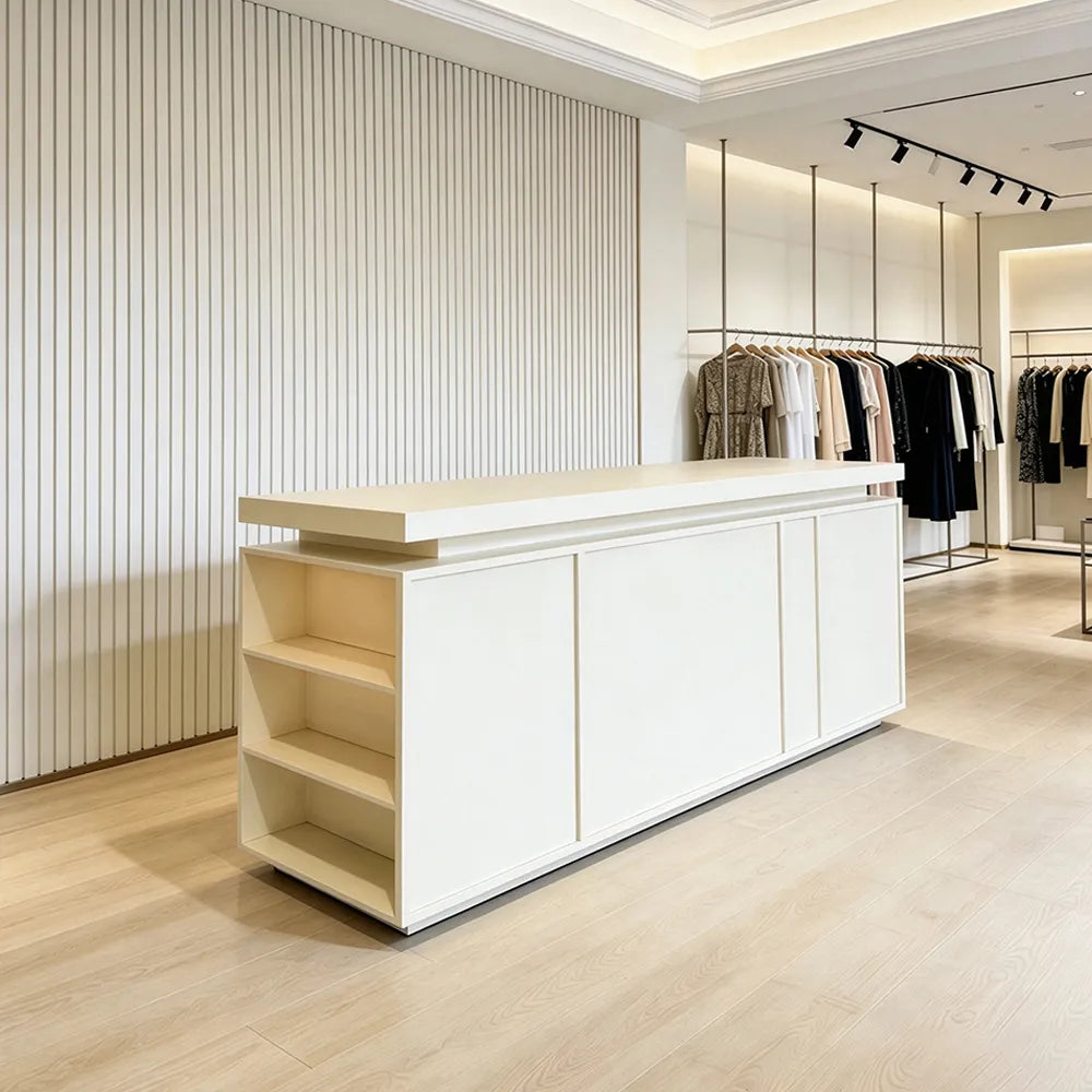 LUXORA Woodgrain Checkout Counter with Raised Worktop for Clothing Store Boutique Reception - Cream White