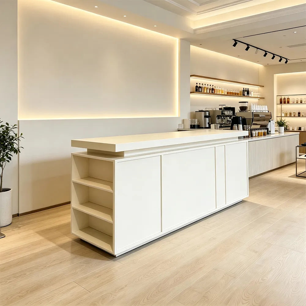 LUXORA Woodgrain Checkout Counter with Raised Worktop for Clothing Store Boutique Reception - Cream White