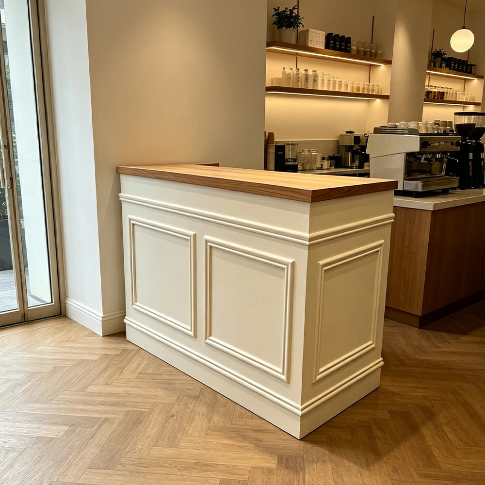 LUXORA Straight Checkout Counter with Wood Top and Panelled Front for Boutique Retail Store - Natural Wood & Cream White