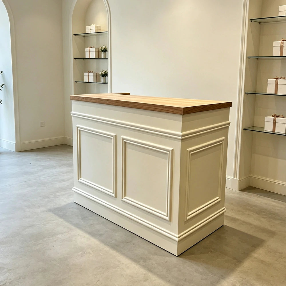 LUXORA Straight Checkout Counter with Wood Top and Panelled Front for Boutique Retail Store - Natural Wood & Cream White