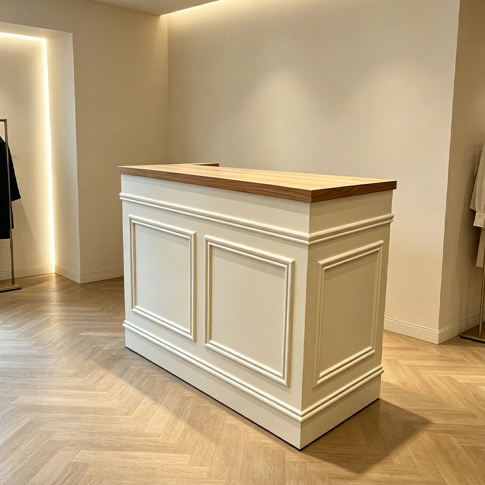 LUXORA Straight Checkout Counter with Wood Top and Panelled Front for Boutique Retail Store - Natural Wood & Cream White