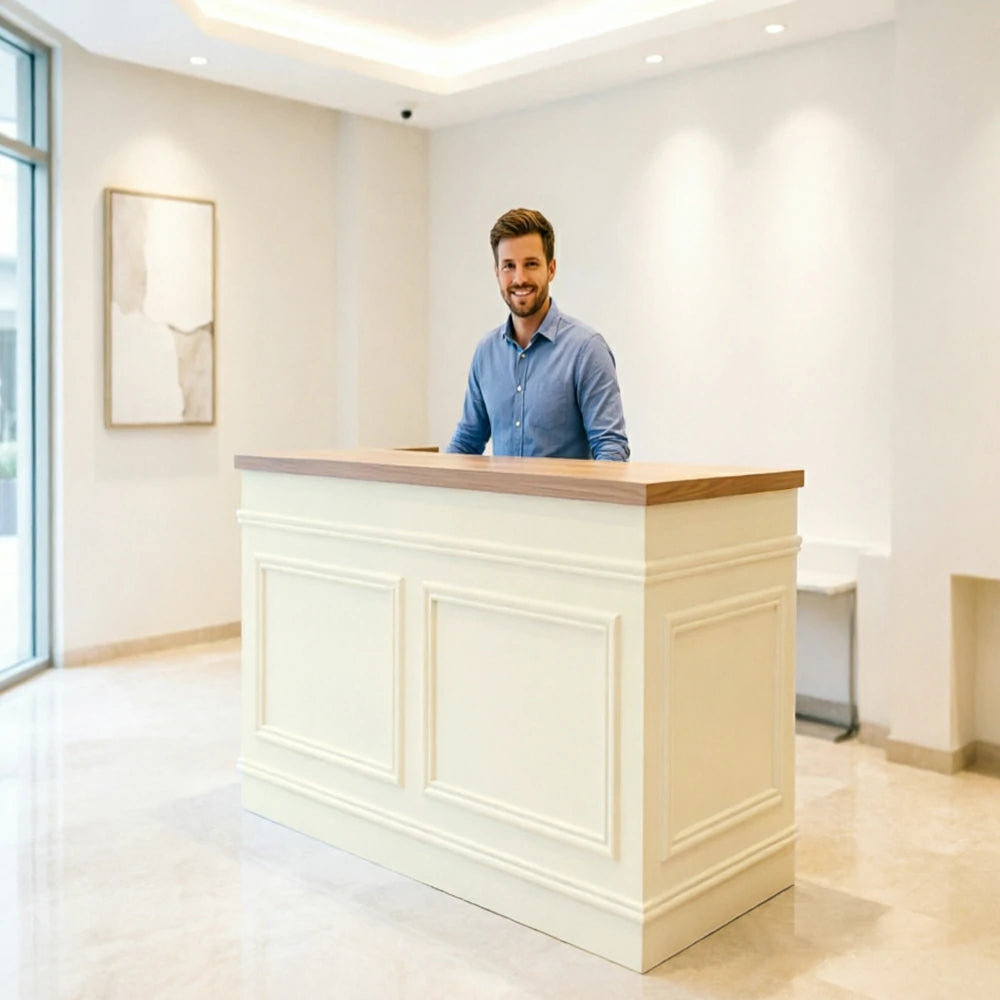 LUXORA Straight Checkout Counter with Wood Top and Panelled Front for Boutique Retail Store - Natural Wood & Cream White
