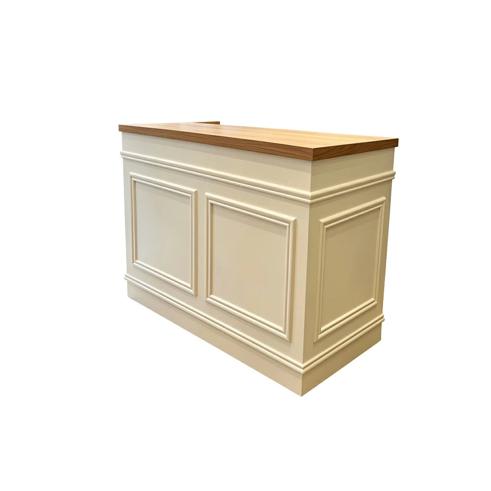 LUXORA Straight Checkout Counter with Wood Top and Panelled Front for Boutique Retail Store - Natural Wood & Cream White
