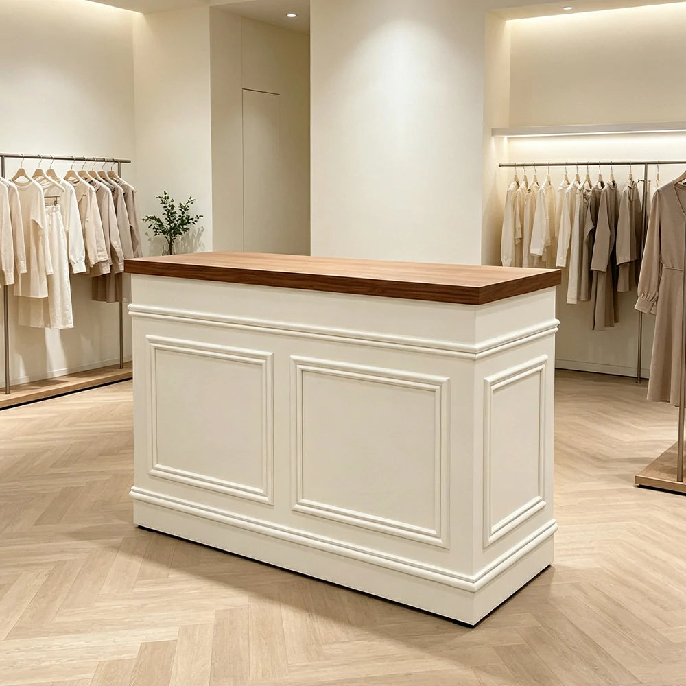 LUXORA Straight Checkout Counter with Walnut Top and Panelled Front for Boutique Retail Store - Walnut & Cream White
