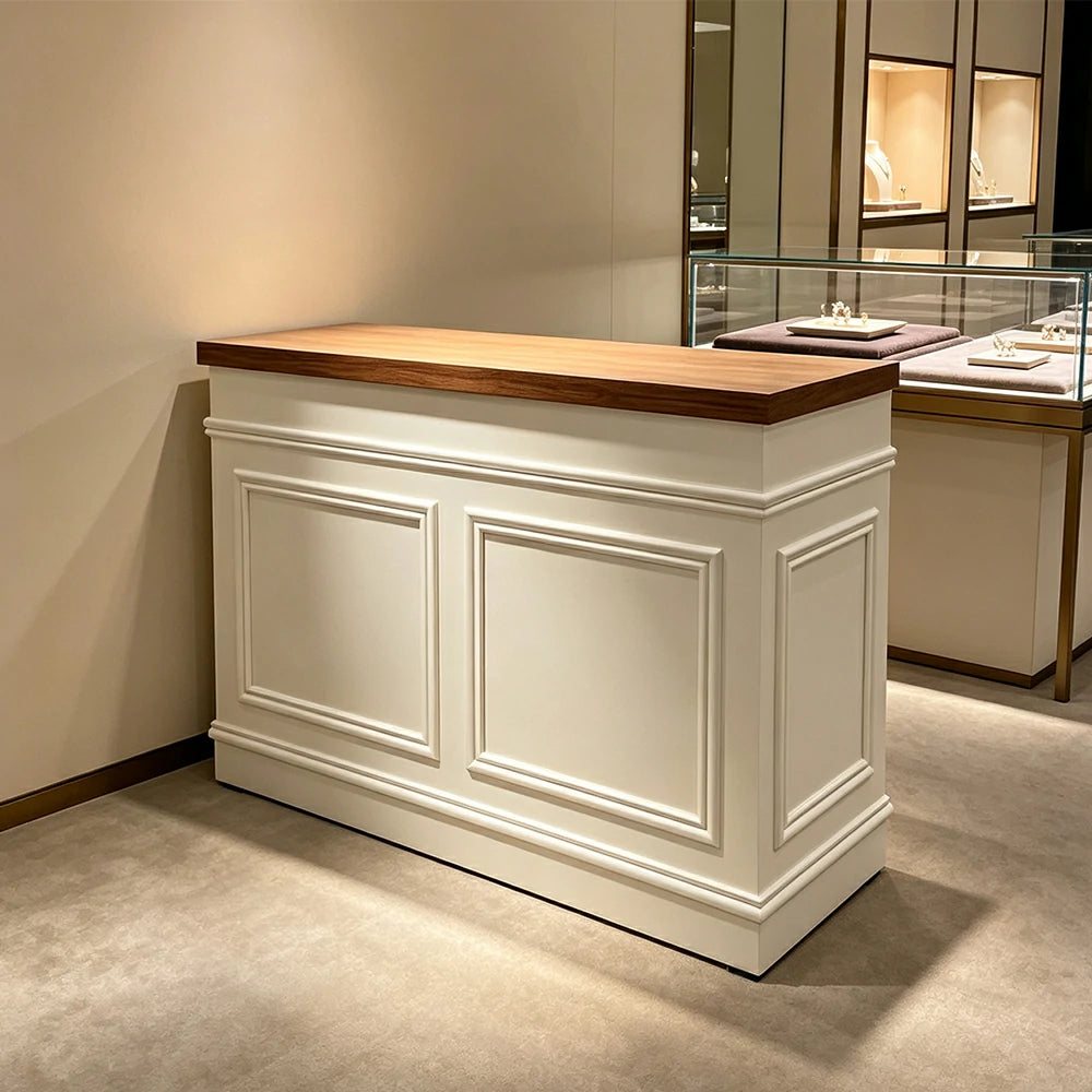 LUXORA Straight Checkout Counter with Walnut Top and Panelled Front for Boutique Retail Store - Walnut & Cream White
