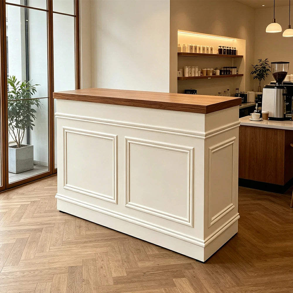 LUXORA Straight Checkout Counter with Walnut Top and Panelled Front for Boutique Retail Store - Walnut & Cream White