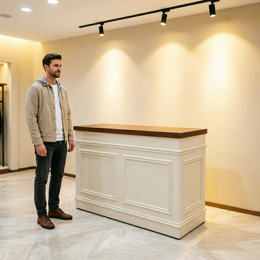 LUXORA Straight Checkout Counter with Walnut Top and Panelled Front for Boutique Retail Store - Walnut & Cream White