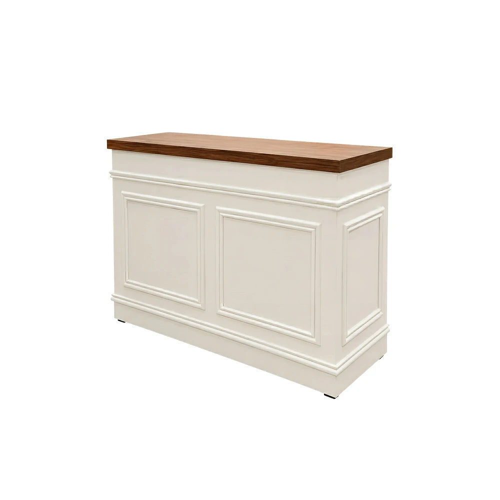 LUXORA Straight Checkout Counter with Walnut Top and Panelled Front for Boutique Retail Store - Walnut & Cream White