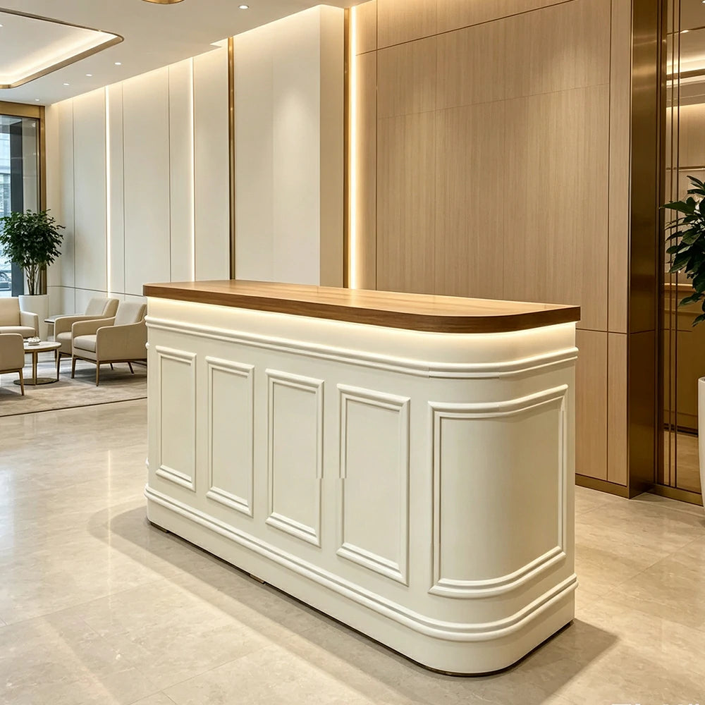 LUXORA Straight Checkout Counter with Walnut Top and Panelled Front for Boutique Retail Store - Natural Wood & Cream White