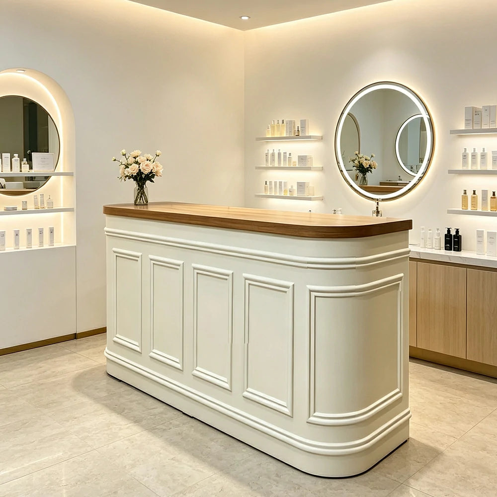 LUXORA Straight Checkout Counter with Walnut Top and Panelled Front for Boutique Retail Store - Natural Wood & Cream White
