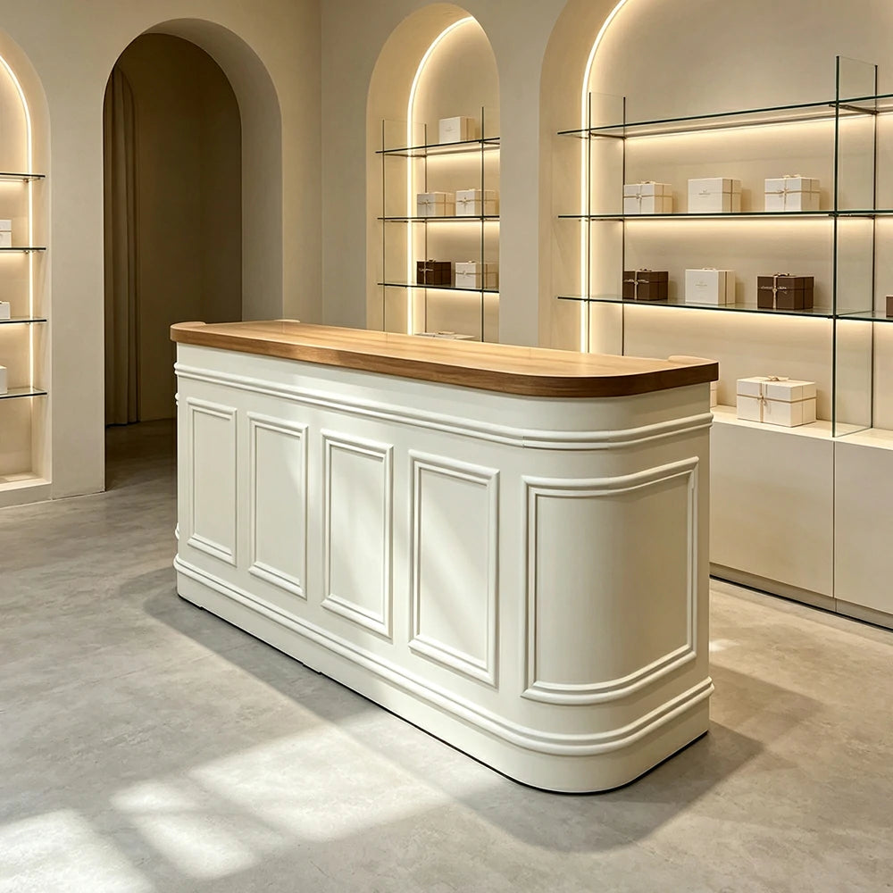 LUXORA Straight Checkout Counter with Walnut Top and Panelled Front for Boutique Retail Store - Natural Wood & Cream White