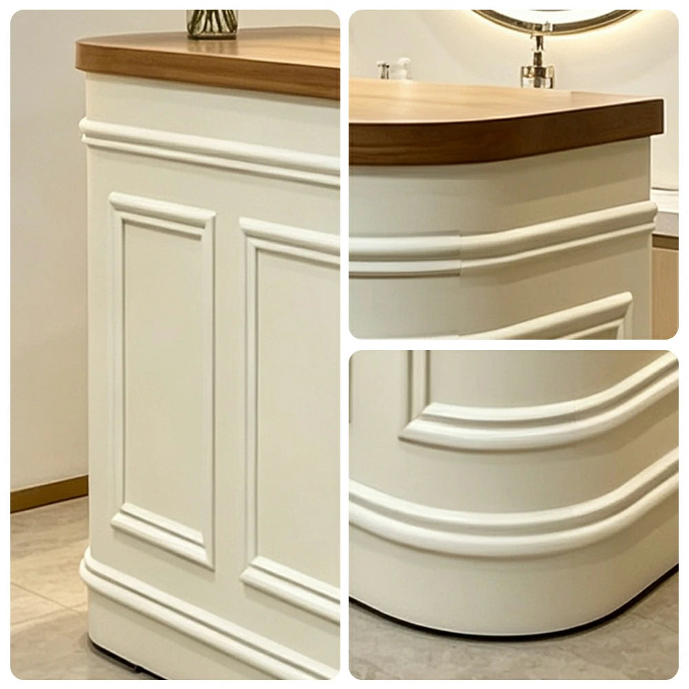 LUXORA Straight Checkout Counter with Walnut Top and Panelled Front for Boutique Retail Store - Natural Wood & Cream White