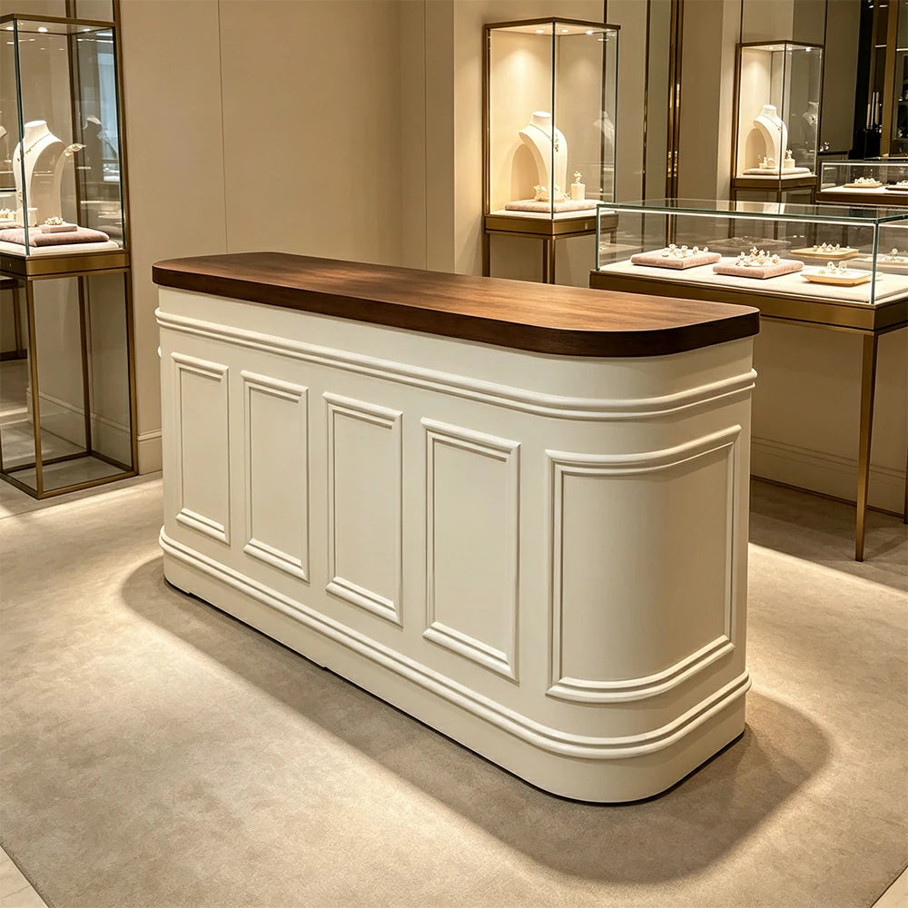 LUXORA Curved Reception Counter with Panelled Front for Boutique Retail Store - Walnut & Cream White, Left Rounded