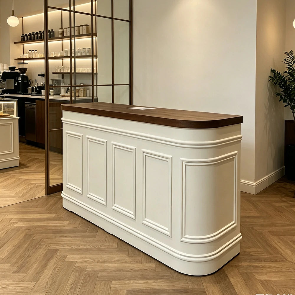LUXORA Curved Reception Counter with Panelled Front for Boutique Retail Store - Walnut & Cream White, Left Rounded
