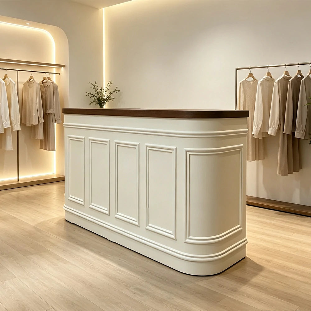 LUXORA Curved Reception Counter with Panelled Front for Boutique Retail Store - Walnut & Cream White, Left Rounded