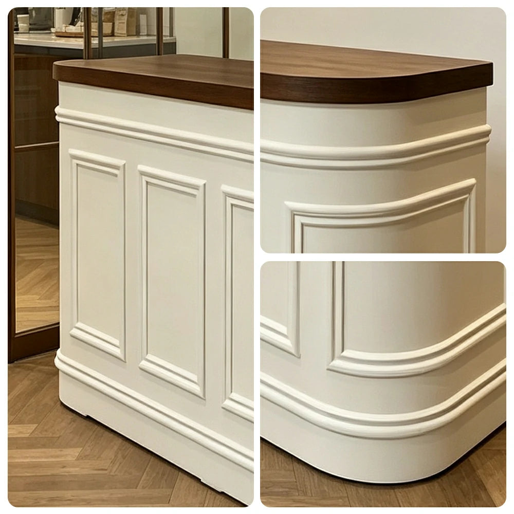 LUXORA Curved Reception Counter with Panelled Front for Boutique Retail Store - Walnut & Cream White, Left Rounded