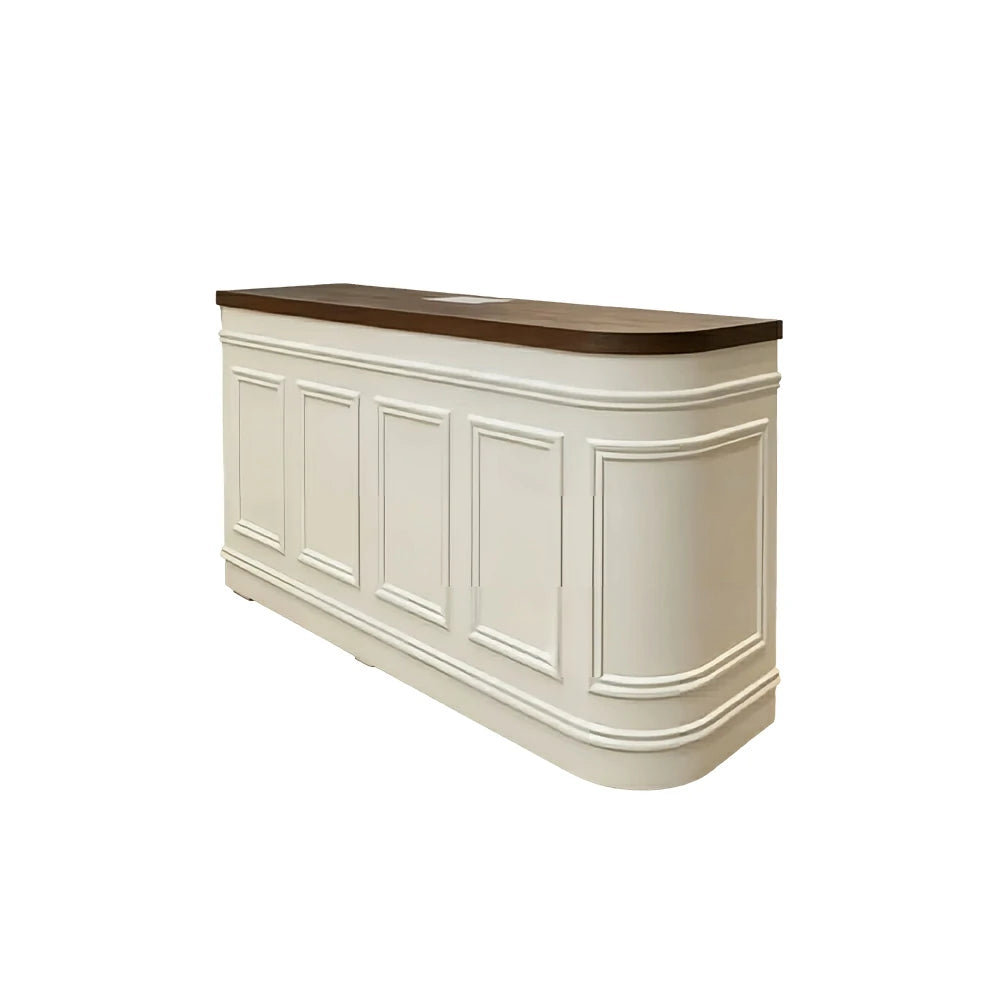 LUXORA Curved Reception Counter with Panelled Front for Boutique Retail Store - Walnut & Cream White, Left Rounded