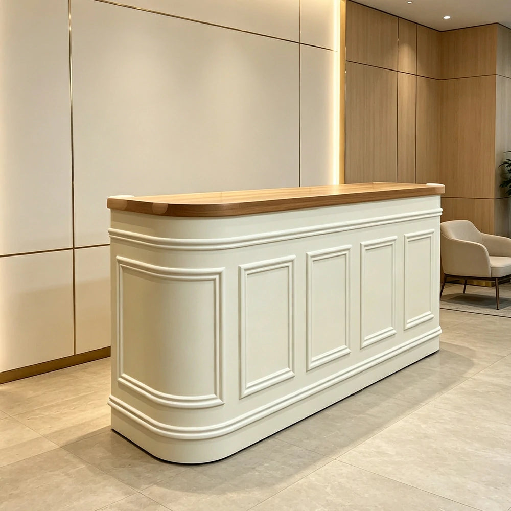 LUXORA Curved Reception Counter with Panelled Front for Boutique Retail Store - Natural Wood & Cream White, Right Rounded