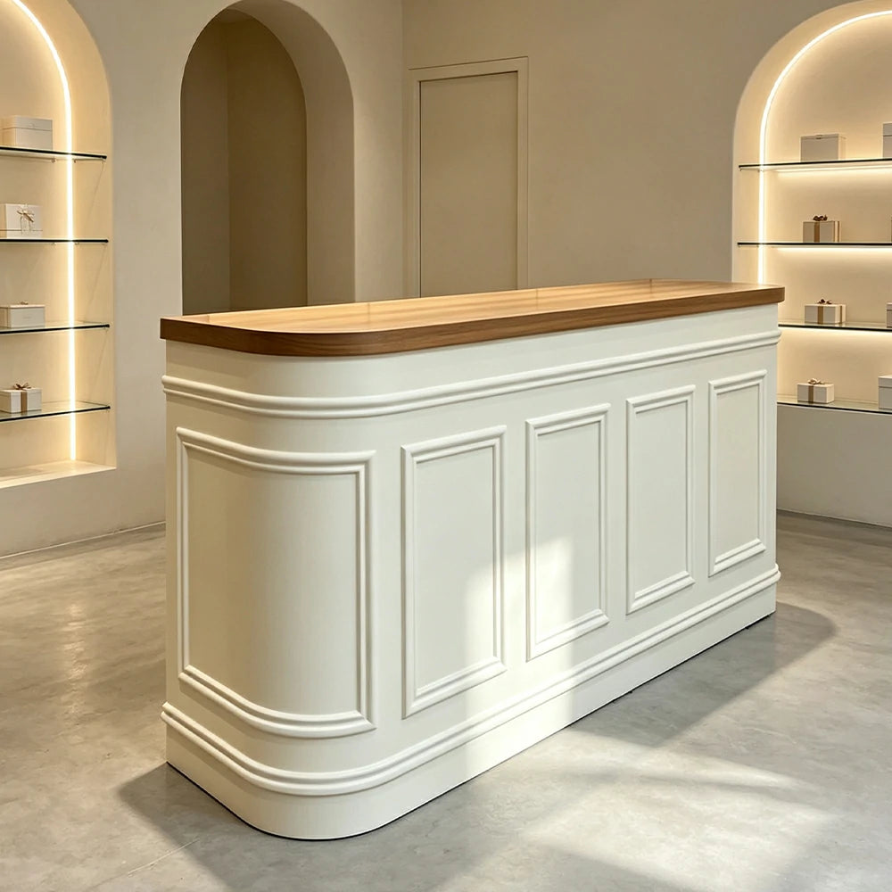 LUXORA Curved Reception Counter with Panelled Front for Boutique Retail Store - Natural Wood & Cream White, Right Rounded