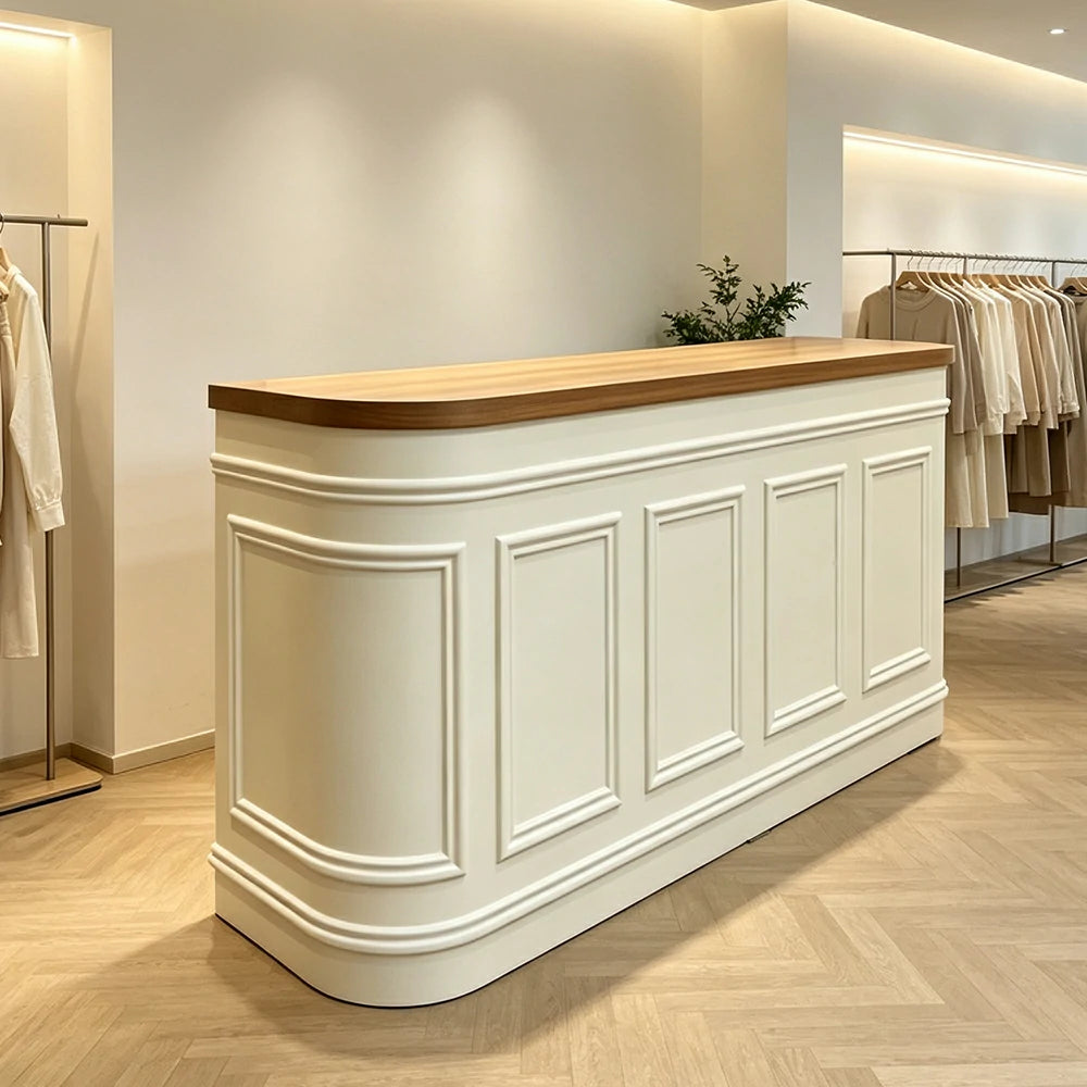 LUXORA Curved Reception Counter with Panelled Front for Boutique Retail Store - Natural Wood & Cream White, Right Rounded