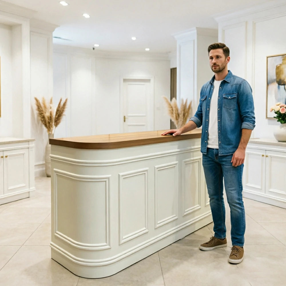 LUXORA Curved Reception Counter with Panelled Front for Boutique Retail Store - Natural Wood & Cream White, Right Rounded
