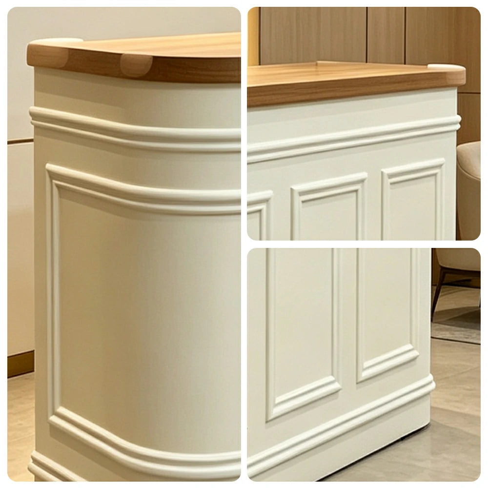 LUXORA Curved Reception Counter with Panelled Front for Boutique Retail Store - Natural Wood & Cream White, Right Rounded