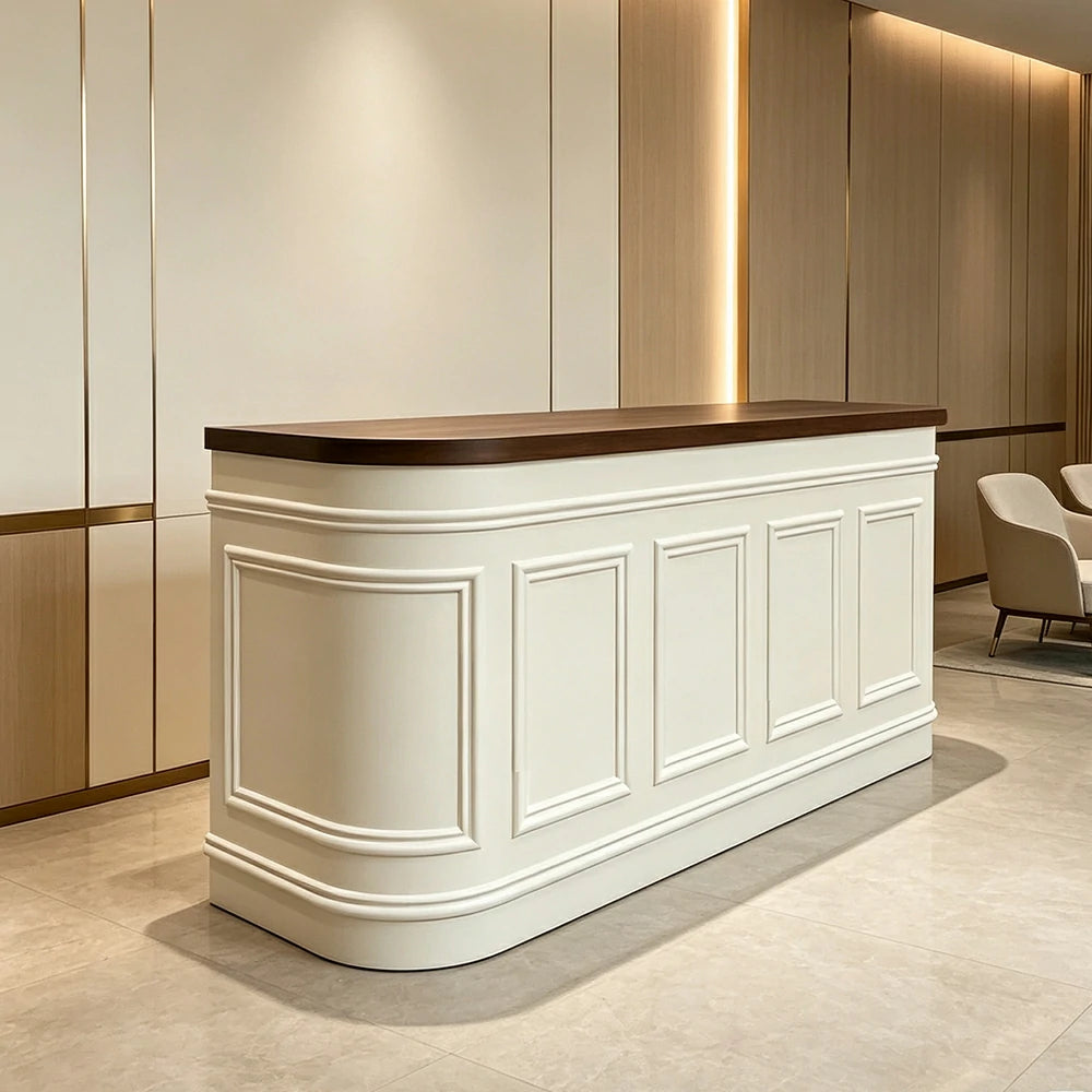 LUXORA Curved Reception Counter with Panelled Front for Boutique Retail Store - Walnut & Cream White, Right Rounded