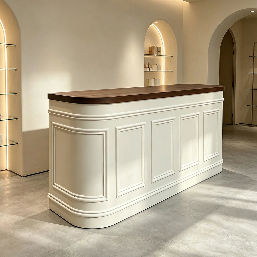 LUXORA Curved Reception Counter with Panelled Front for Boutique Retail Store - Walnut & Cream White, Right Rounded