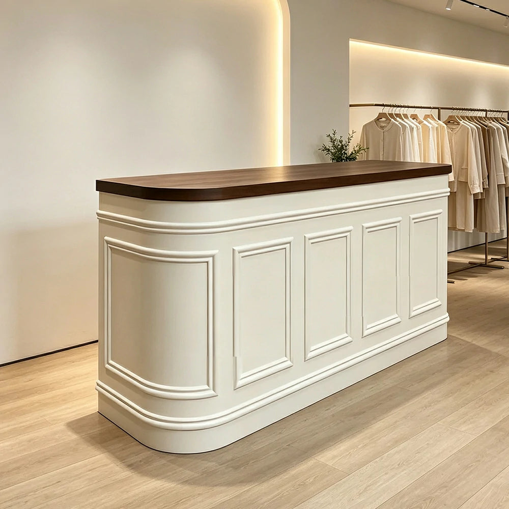 LUXORA Curved Reception Counter with Panelled Front for Boutique Retail Store - Walnut & Cream White, Right Rounded