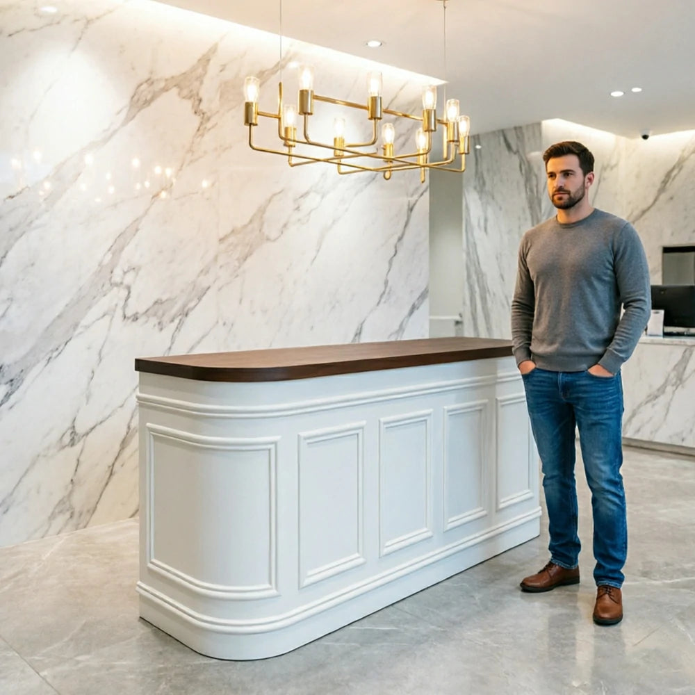 LUXORA Curved Reception Counter with Panelled Front for Boutique Retail Store - Walnut & Cream White, Right Rounded